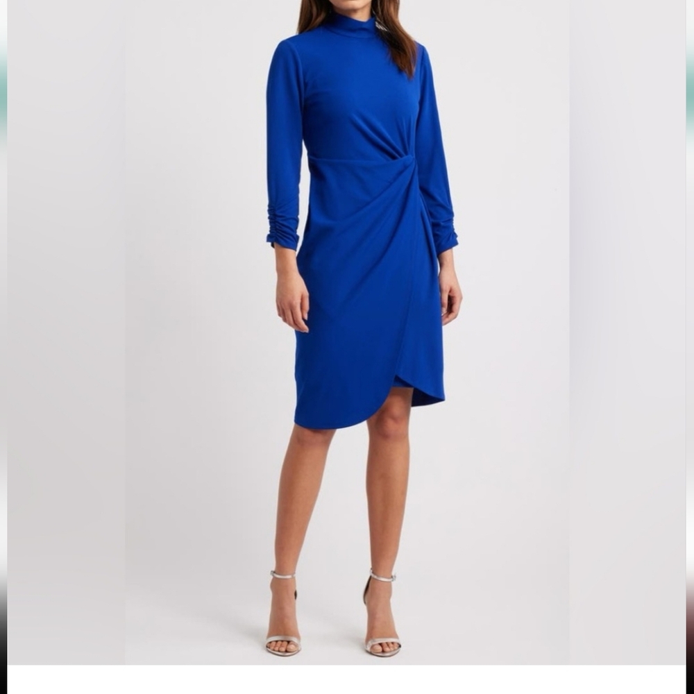 NWT Tahari Size 16 Blue Formal High Neck Back Zip Wrap Ruched Sleeve Dress